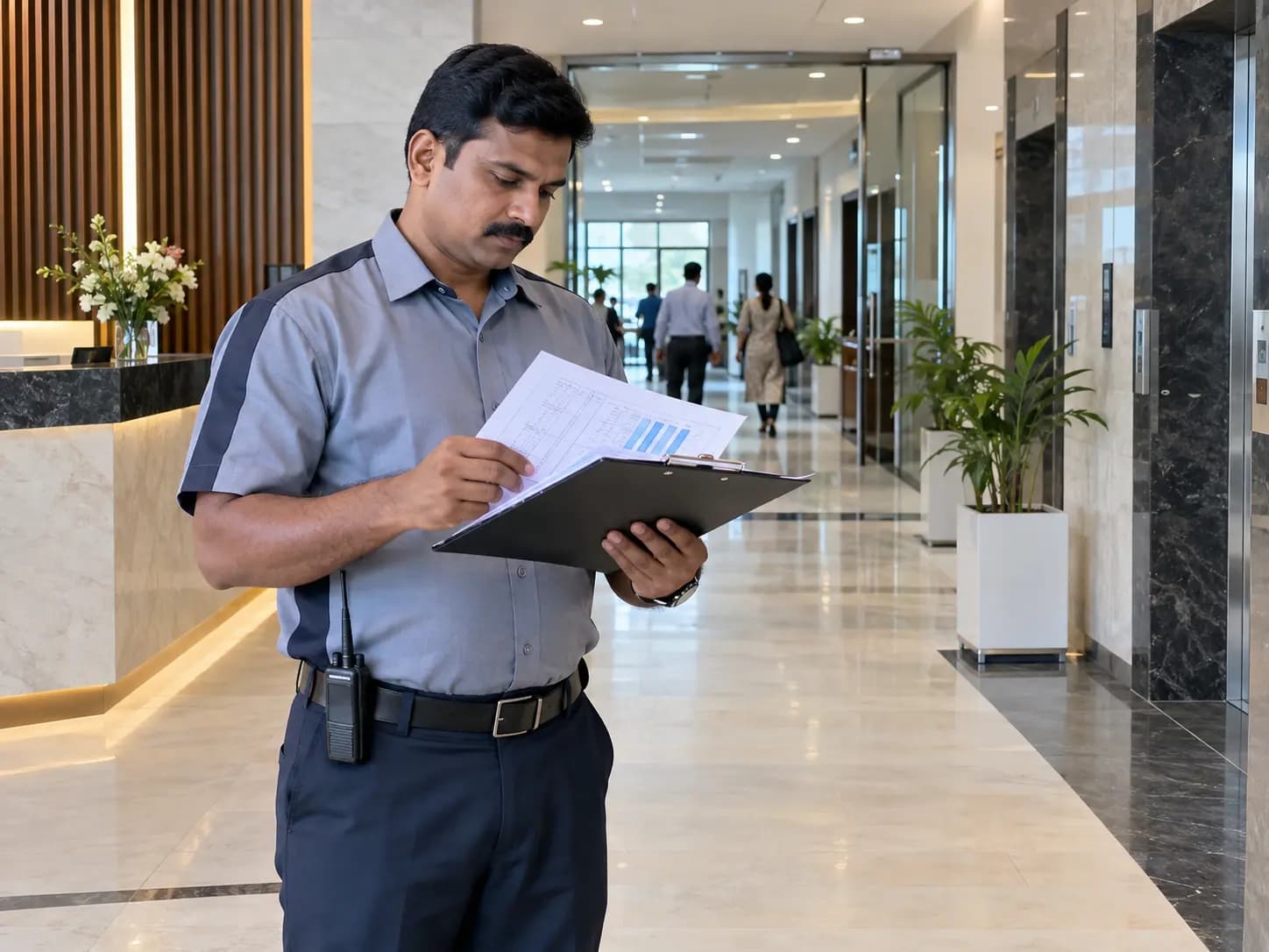 Facility manager reviewing cost reports in a well-maintained commercial building in Chennai