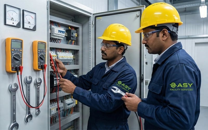 MEP technicians performing preventive electrical maintenance in Chennai