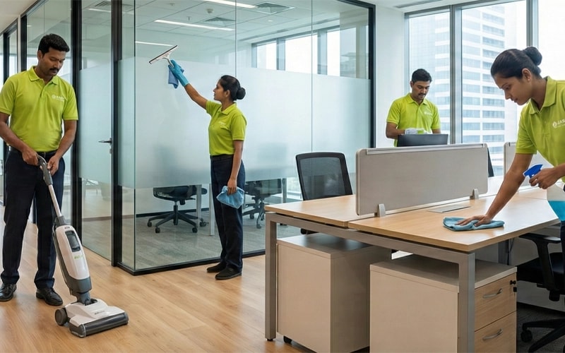 Professional housekeeping team cleaning a modern Chennai office