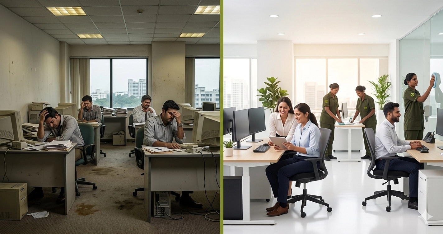 Clean well-maintained Chennai office versus poorly maintained office and employee happiness
