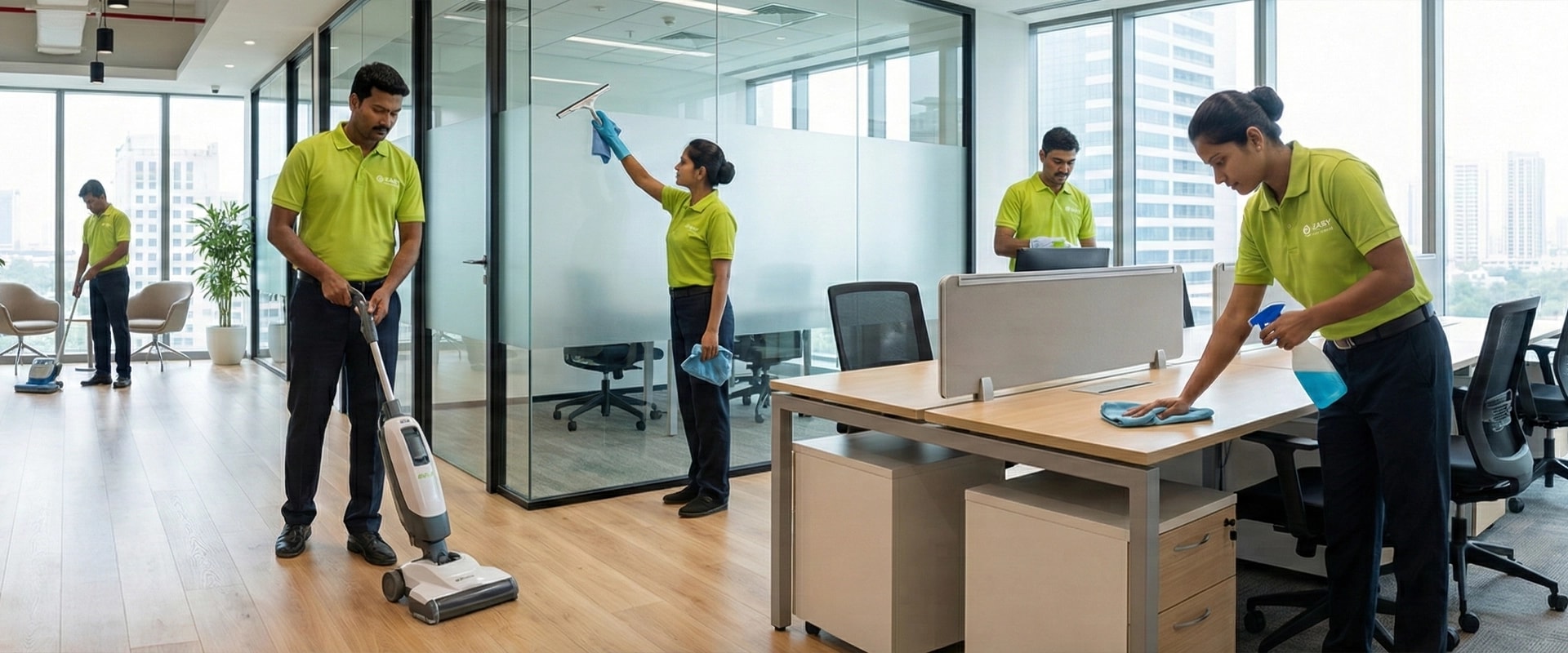 EFS professional housekeeping team cleaning modern office space in Chennai
