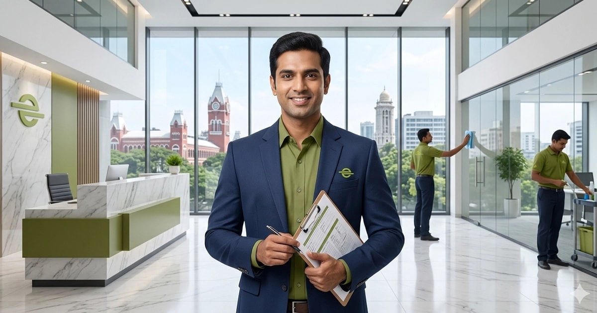 Professional facility manager inspecting a modern commercial office in Chennai
