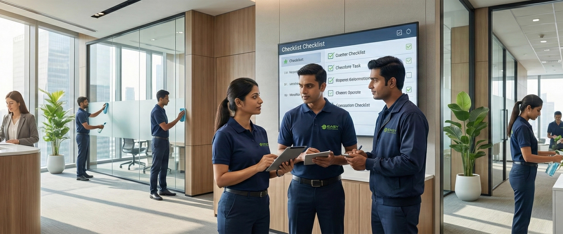 Facility team reviewing quality checklist in modern office